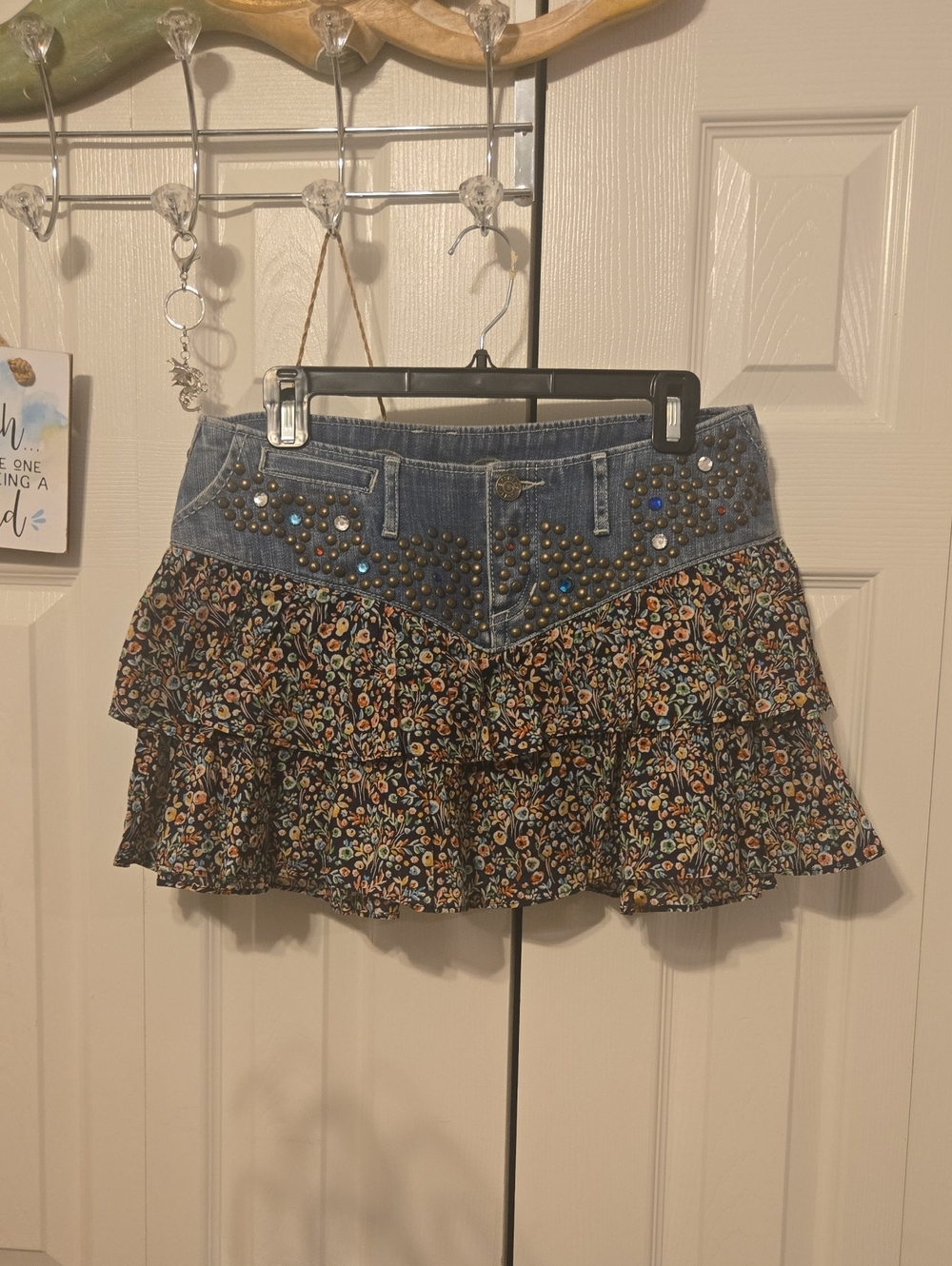 Express Denim-Waist Tiered Floral Mini Skirt in Blue and Black